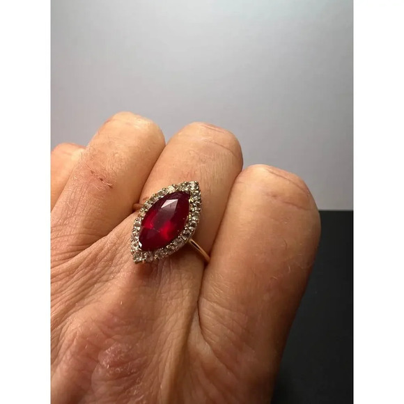 Marquis Ruby and white zircon halo ring in rose gold over sterling silver size 9 - Picture 3 of 11